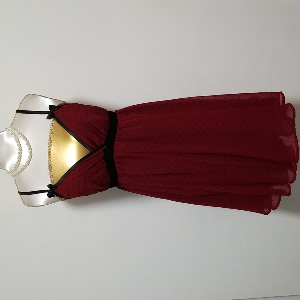 Baby Doll Dress Spaghetti Strap Bow in Burgundy Red Black Polka Dot Details